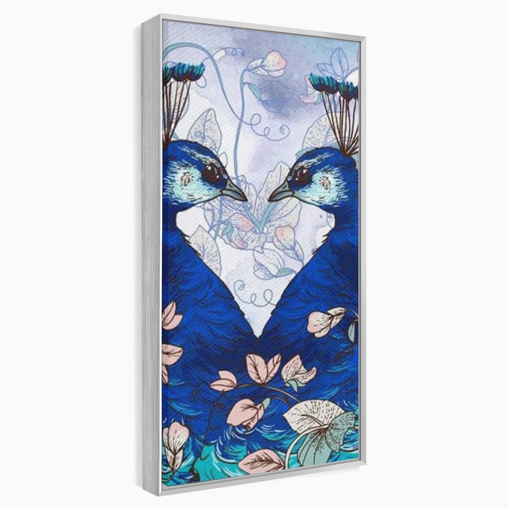 Tablou canvas cu tablou canvas cu doi pauni albastri, in rama de aluminiu argintiu